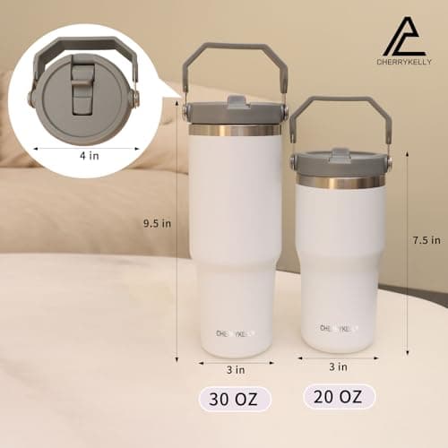 CherryKelly 20oz (550ml) Travel Mug with Handle, Travel Tumbler with Straw Lid, Stainless Steel Vacuum Insulated Coffee Cup, Double Wall Travel Flask Car Mug, Leak Proof Water Bottle - White — view 4