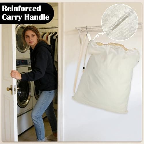 Canvas Laundry Bag with shoulder Strap 23"W x 29"H, Large Drawstring Dirty Clothes Bag Washable Laundry Sack for College Dorm, Travel, Home, Camp (Beige) — view 4