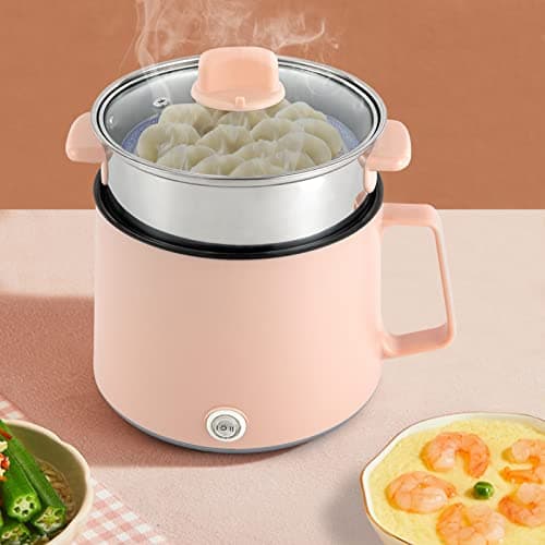 1.7L Electric Hot Pot, Double Layer Electric Cooker with Steamer, Portable Multifunctional Noodle Pot, Mini Travel Hot Pot for Soup Pasta Vegetables, Boil Dry Protection UK Plug (Pink) — view 4
