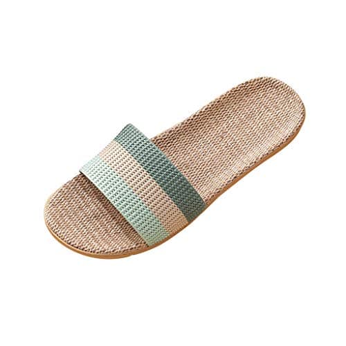 LUCKME Women's Sliders Open Toe Slippers Summer Flax Rainbow Wide Fit Slides Sandals Linen Slip On House Bamboo Slippers Shoes