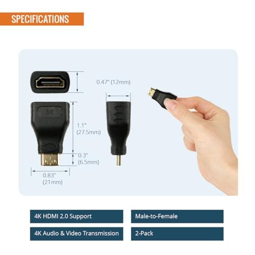 Tecmojo 8K Mini HDMI to HDMI Adapter, Female to Mini HDMI Male Adapter Support 8K@60Hz,4K@120Hz, Compatible with Raspberry Pi, Camera, Tablet, Laptop, Projector, Monitor, 2Pack, Black — view 2