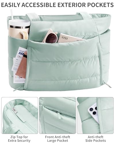 Quilted Shoulder Bag for Women Lightweight Work Bag for Teacher Nurse School Travel Gym, Green Mint, Large — view 5
