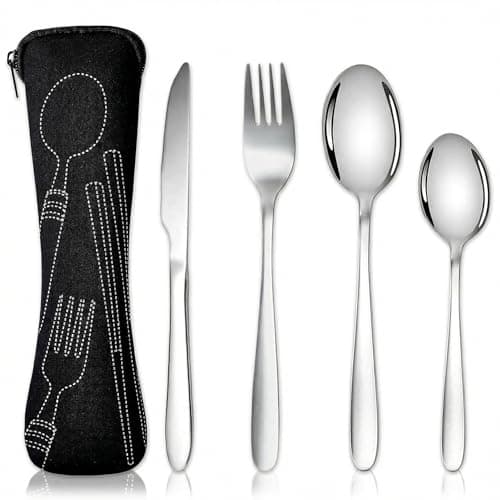 4pcs Portable Stainless Steel Cutlery Set, Reusable Flatware Utensils with Pouch for Camping Travel Picnic Office School Lunch Box
