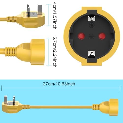 HITRENDS EU to UK Plug Adapter | 25CM Short Cable | With 13A Fused | Converts EU 2-Pin to UK 3-Pin | 250V/13A, 3250W for Power Tools & Appliances, Yellow — view 3
