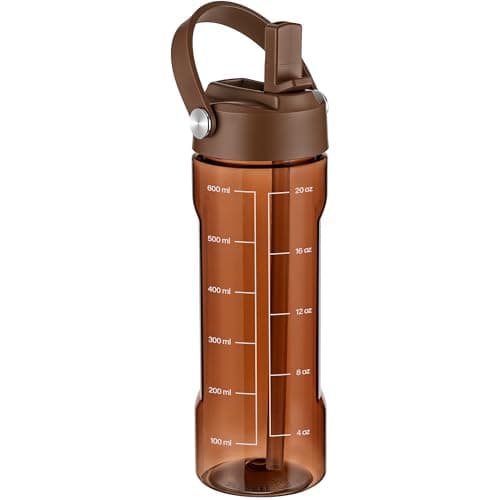 GOPPUS 600ml/20oz Clear Water Bottle with Straw, Tritan Leakproof Sports Drinking Bottle, BPA Free Wide Mouth Gym Bottle with Handle and Measurement Marks for School, Gym, Travel (Brown)