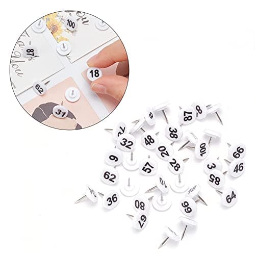 NBEADS 100 Pcs Numbered Push Pin Tacks, Map Number Thumb Tacks White Base Black Numbers 1-100 Drawing Push Pins Plastic Thumb Tacks for Maps, Presentations, Photos, Posters Exhibit, 16x11mm — view 4