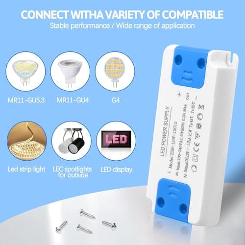 LED Transformer 15W, Ultra Slim 12V LED Driver 240V AC to 12V DC 1.25A, Constant Voltage Power Supply Adapter, Low Voltage Converter for Strip Light, Downlight and G4, MR11, MR16 Light Bulb — view 2