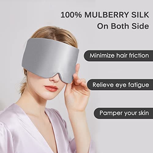 OLESILK 100% Natural Mulberry Silk Eye Mask for Sleeping Large, Silver Grey — view 3