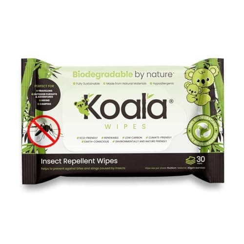 Koala Wipes - Insect Repellent Wipes - 30 Pack - Biodegradable Wipes to Discourage Insect Bites and Stings - Perfect for Hiking, Camping, Travelling and Other Outdoor Adventures - 15x20cm