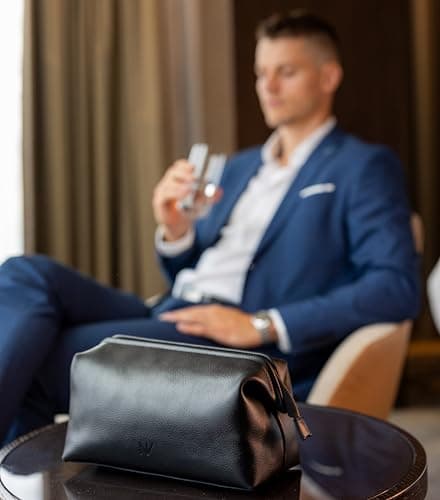 NV Holders Premium Genuine Leather Toiletry Bag for Men - The Ultimate Travel Dopp Kit and Hygiene Organizer, Perfect Men's Toiletry Travel Bag, Black, Genuine Leather Toiletry Bag — view 3