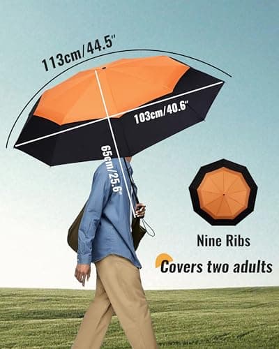 Chakipee Compact Travel Umbrella Windproof Strong- Automatic Folding Umbrellas for Wind and Rain, Double Vented Canopy 210T Fabric 102cm Span - 9 Ribs Portable Umbrella for Men and Women Orange — view 4