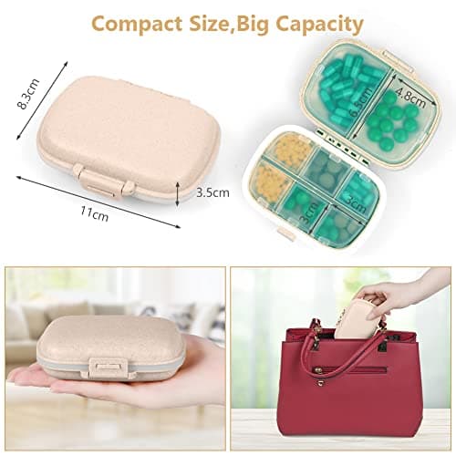 ACWOO Pill Box Organiser, 1Pcs Portable Medicine Storage Box with 8 Compartments, Pill Case Pill Dispenser to Hold Vitamins, Cod Liver Oil, Supplements and Medication for Travel & Work (Beige) — view 2