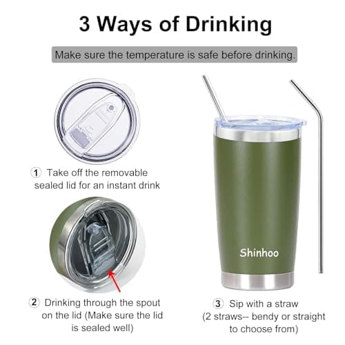 Shinhoo 20oz/ 550ml Insulated Travel Mug Reusable Coffee Cup Tumbler with Straw and Lid for Hot Cold Drinks (Navy Green) — view 6