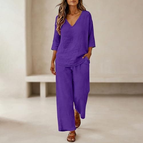 2 Piece Lounge Set for Women V-Neck Short Sleeve Top & Straight Leg Pants with Drawstring Plus Size Comfy Two Piece Outfit Women for Travel & Everyday Size 5XL — view 3