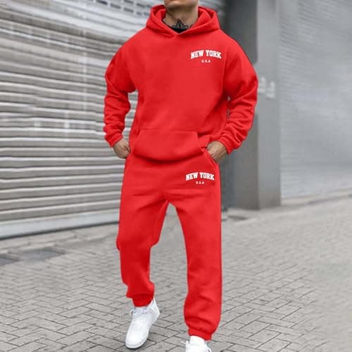 Tracksuit Track Suits for Men UK Mens Travel Hoodie Set Full with Angaroo Pocket Men's Tracksuits Suit Sweatpants Long-Sleeved Sports Activewear Red L — view 3