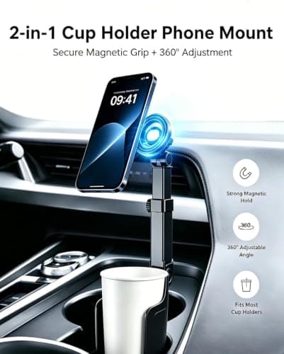 2 in 1 Car Cup Holder Phone Mount, N52 Magnetic & Snap-on Car Cell Phone Holder, 360° Rotation Height Adjustable Base, One Hand Operation Cupholder Mount Compatible with All Smartphones (Clamp) — view 2