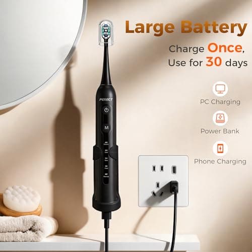 PERECT Electric Toothbrush for Adults, Rechargeable Sonic Toothbrush Travel-Ready Kit with Travel Case, 6 Replacement Brush Heads, 5 Modes 3 Intensities, 2-Minute Smart Timer, IPX7 Waterproof, Black — view 5