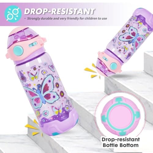 PinkSheep Kids Water Bottle with Straw/Lanyard, 650ml Child Drinking Water Bottle, BPA Free Leak-Proof Locking Flip Lid for Kids Girls Boys School Sport Travel (Butterfly) — view 6