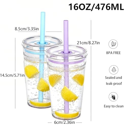 Yisituo 2 Pack 450ml Clear Plastic Iced Coffee Travel Cups, Reusable with Lids and Straws, for Cold Hot Beverages (2, Purple, Blue) — view 2