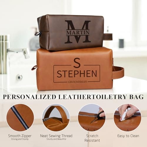 Personalised Leather Toiletry Bag for Men, Custom Wash Bag Engraved Name,Waterproof, Travel & Toiletry Use — view 4