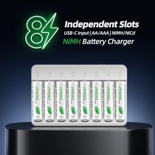 WENJOOP Rechargeable AA Batteries and Charger Bundle, 8 AA 2800mAh NiMH Batteries + 8-Slot AA AAA NiMH NiCd USB-C Charger, 1.2V Battery Charging Set — view 2