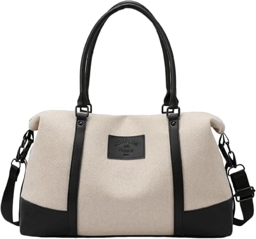Travel Duffle Bag for Women, Canvas Carry On Weekender Overnight Bags with Wet Pocket, Gym Tote Bag for Business Trip Sports, Beige Black, 16.9 x 10.6 x 5.9 inches, Weekender Duffel Overnight Bag
