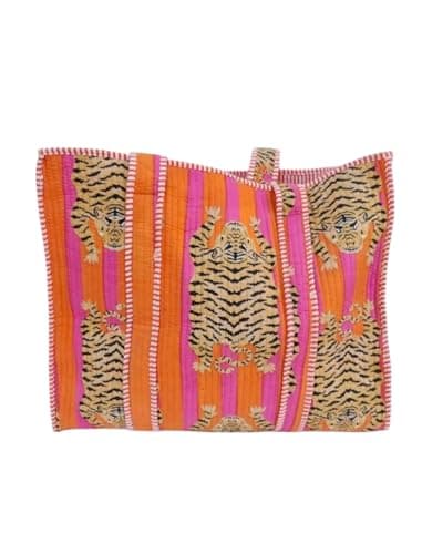 Handmade Tiger Print Quilted Cotton Tote Bag for Women, Boho Shoulder Bag, Large Reusable Shopping Tote, Lightweight Travel Beach Everyday Bag (DN 10) — view 2