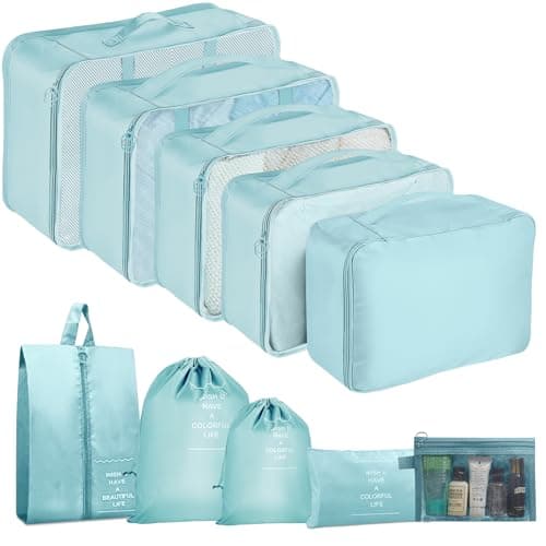 10 pcs Packing Cubes for Suitcases, Travel Organiser Packing Bags for Clothes Shoes Toiletries Travel Luggage Organizers Storage Bags-Sky Blue
