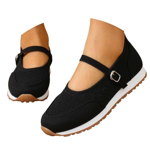 Women's Vintage Perforated Mary Jane Sneakers Chic Buckle Loafers Breathable Walking Shoes for Travel and Weekend Trips Black