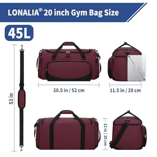 LONALIA 45L Sports Holdall Bags for Men, Gym Duffle Bag, Burgundy — view 2