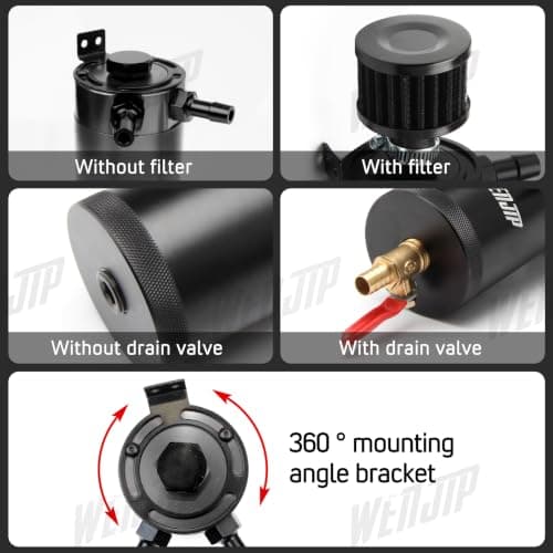 WENJTP Oil Catch Can Kit with 4 Adapters + Breather Filter Drain Valve Plug 2 Ports (1 oulet + 1 inlet) 150ml Universal Aluminum Baffled Oil Reservoir Tank Oil Separator HTRACING (Red) — view 6