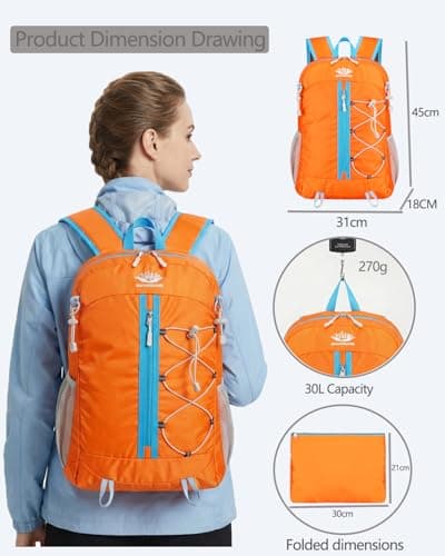 szyanlai Hiking Backpack for Women, 30L Ultra Lightweight Foldable Waterproof Rucksack,Back Pack Rucksack for Women Kids Camping Travel (Orange) — view 2
