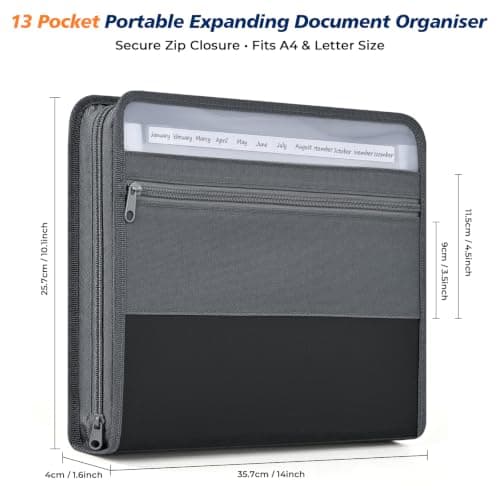 13 Pockets Portable File Organiser, A4 Accordion Document Organiser with Zipper Closure, Tabs, Sticky Labels & Extra Front Pocket for Home Office Travel — view 2