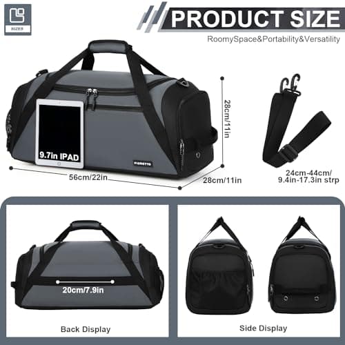 FIORETTO 45L Mens Sports Gym Bag with Wet Pocket & Shoe Compartment, Travel Duffle Bag Overnight Bag with Padded Shoulder Strap, Water-Resistant Holdall for Swimming, Basketball, Football Grey — view 2