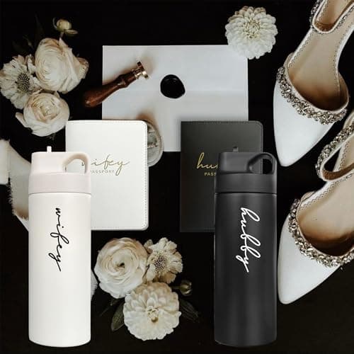 GroomBrideGifts Hubby and Wifey Travel Cups - Honeymoon Essentials & Engagement Gifts for Couples - Matching Couples Water Bottle Set — view 5