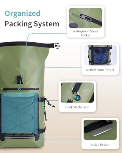 ECOHUB Waterproof Dry Bag Backpack, Roll Top Closure Heavy Duty Waterproof Backpack, Dry Bag Rucksack with IPX8 Waterproof Phone Case for Hiking, Kayaking, Boating, Camping, Fishing, 30L-Green — view 3