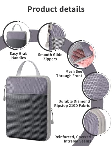 NMNGB Compression Packing Cubes for Carry on Suitcase, 6 Set Travel Luggage Packing Organizer Bag with Mesh, Extensible Luggage Suitcase, Multifunction Organisers, Grey — view 2