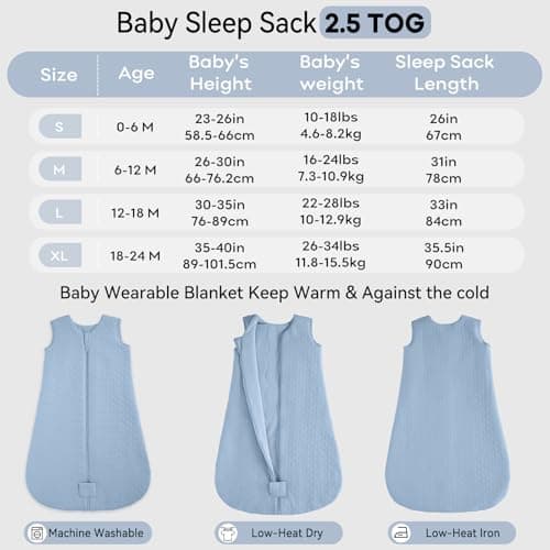 Unnivoll Baby Sleeping Bag 2.5 Tog 0-6 Months 100% Cotton Winter Sleeping Bag Baby 2-Way Zipper Quilted Sleep Sack for Newbron Infant Warm Soft Blue — view 5