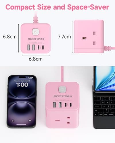 Pink Cube Extension Lead with USB C Slots, 3 Way Power Extension — view 5