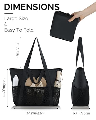 HOMESPON Beach Bag Large Waterproof Tote for Women with Zipper (M, Black) — view 5