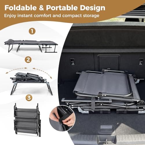 COSTWAY 3 in 1 Folding Camping Cot, Comfy Padded Convertible Single Sofa Chair with 6-Position Adjustable Backrest and Headrest, Heavy Duty Metal Chaise Lounge Sleeper Bed (185 x 60.5 x 38 cm) — view 4