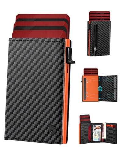 Mens Wallets Credit Card Holder | Wallets for Men with Magnetic Closure & Coin Pocket & ID Window | Minimalist Smart Pop Up Leather Wallet | RFID Card Cases for 12 Cards | Cash Slot | Black & Orange