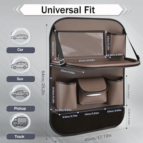 Les-Theresa Car Seat Organiser, Car Organiser Back Seat with Foldable Dining Table and Many Pockets Car Seat Back Protector, Car Backseat Tray for Toys Snacks Travel Essentials (Coffee Brown) — view 2