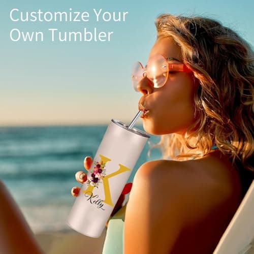 EKAM Personalised Floral Tumbler Stylish Initial with Name - Travel Coffee Mug, 20oz Stainless Steel Tumbler Cup with Straw and Lid, Custom Cup Gift for Christmas Day, Birthday, Any Occasion — view 4