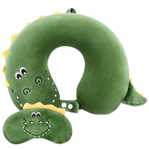 Alaoo Travel Pillow, Removable Memory Foam Kids Travel Pillow with Zips, Convenient & Portable U Shaped Neck Pillows with Cute Eye Mask for Adults Children for Home, Office, Sleeping (Green Dinosaur)