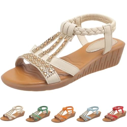 DFSDJEUW outlet clearance Womens Sandals Wide Fit Comfortable Slip on Wedge Shoes Casual Open Toe Orthopedic Slide Lightweight Summer Cushion Plantar Fasciitis slip on sandals women Beige 4.5 — view 5