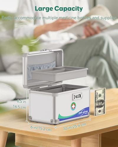 Uniclife Medicine Lock Box First Aid Box with Combination Lock & Handle Portable Medication Boxes Metal Lockable Medicine Storage Boxes, 25.4 x 15.2 x 16.5 cm — view 2