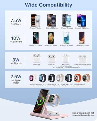EXW Charging Station,3 in 1 Wireless Charger for iPhone 17/16/15/14/13Pro/12/11/XR/8, Fast Charger for Airpods Pro/3/2 and iWatch (Not Adapter,Pink) — view 6
