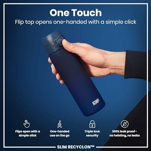 Ion8 Water Bottle, 500 ml/18 oz, Leak Proof, Easy to Open, Secure Lock, Dishwasher Safe, BPA Free, Hygienic Flip Cover, Carry Handle, Fits Cup Holders, Easy Clean, Odour Free, Carbon Neutral, Navy — view 3