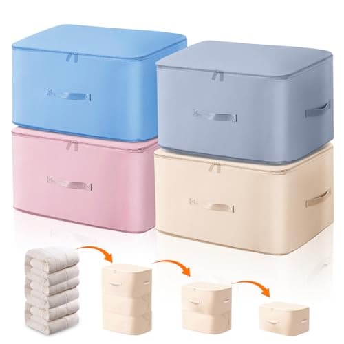 4 pcs Extra Large Space Saving Self Compression Storage Bags for Clothes, Duvets, Bedding, Blankets & Pillows – Foldable Underbed Organiser with Reinforced Handles & 3-Layer Zipper, 52x42x60cm